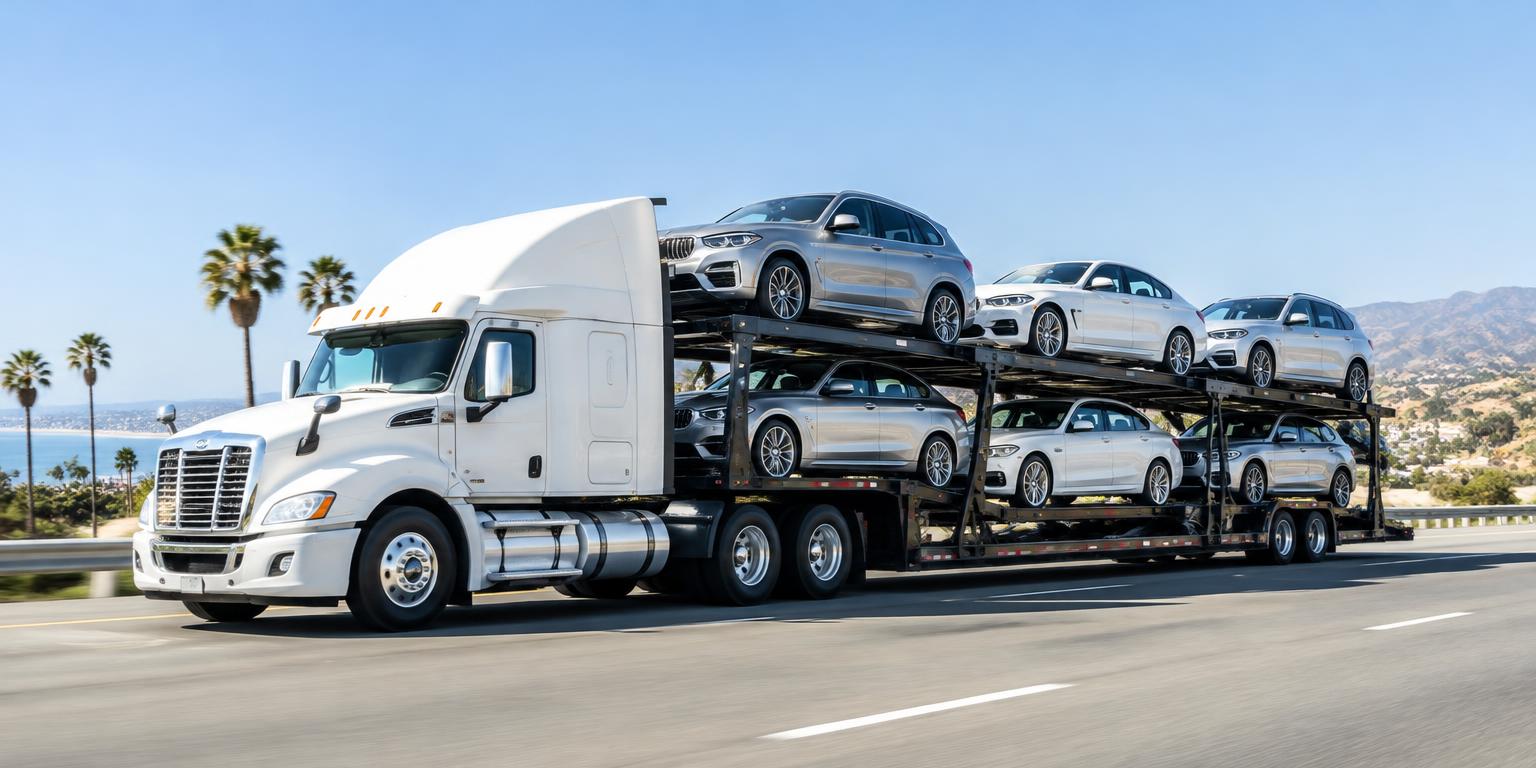 White car hauling transporter carrying passenger vehicles on a California highway